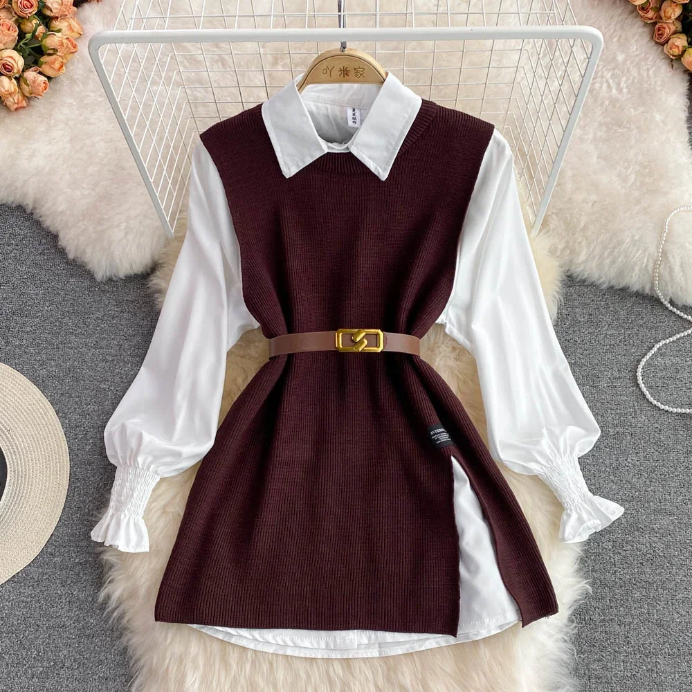 Korean Chic  Lapel Lantern Sleeves White Shirt +V-neck Knitted Vest Two-piece Set Clothes Women New Autumn 2024 B424