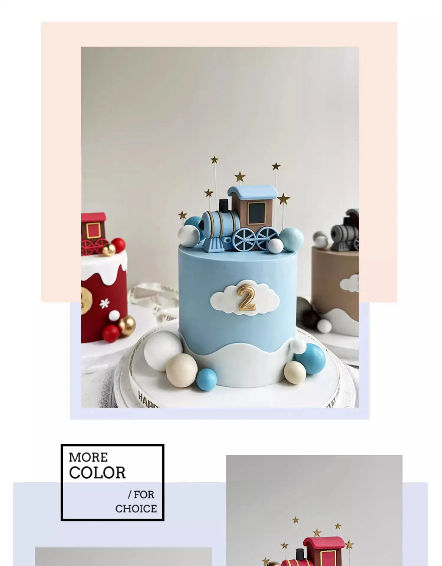Blauer Zug-Kuchenaufsatz, Lokomotive, Kuchendekoration, weiches Gummi, rot, blau, grau, Macaron, kleiner Zug für Kinder, alles Gute zum Geburtstag – Detail 10