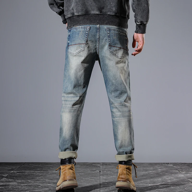 Jeans slim élastiques lourds pour hommes, pantalons à petits pieds, rétro américain, explosifs, haut de gamme, grattés, neufs, des centaines