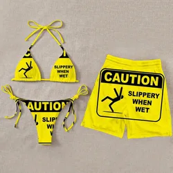 Caution Slippery When Wet 3D All Over Printed Summer Men Shorts For Women Bikini Couple Matching Beach Shorts 02