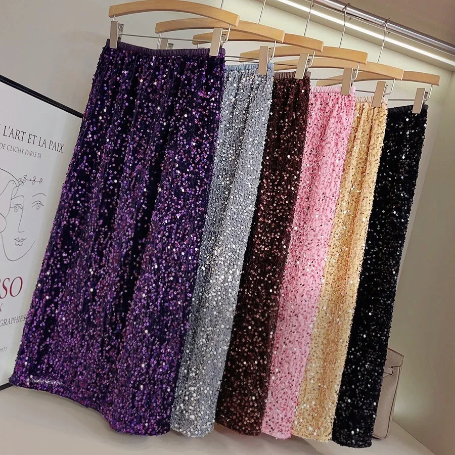 ผู้หญิงสะโพกกระโปรงกํามะหยี่เงาSequins MidiกระโปรงRetroตรงขนาดกลางและกระโปรงยาวฤดูใบไม้ร่วงฤดูหนาวตรงFaldas OOTD