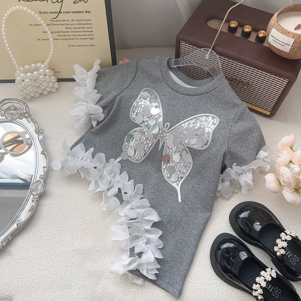 Bear Leader Korean Version Gray Girls Clothes Sequined Butterfly Irregular Round Neck Short Sleeved T-shirt Patchwork Lace Top