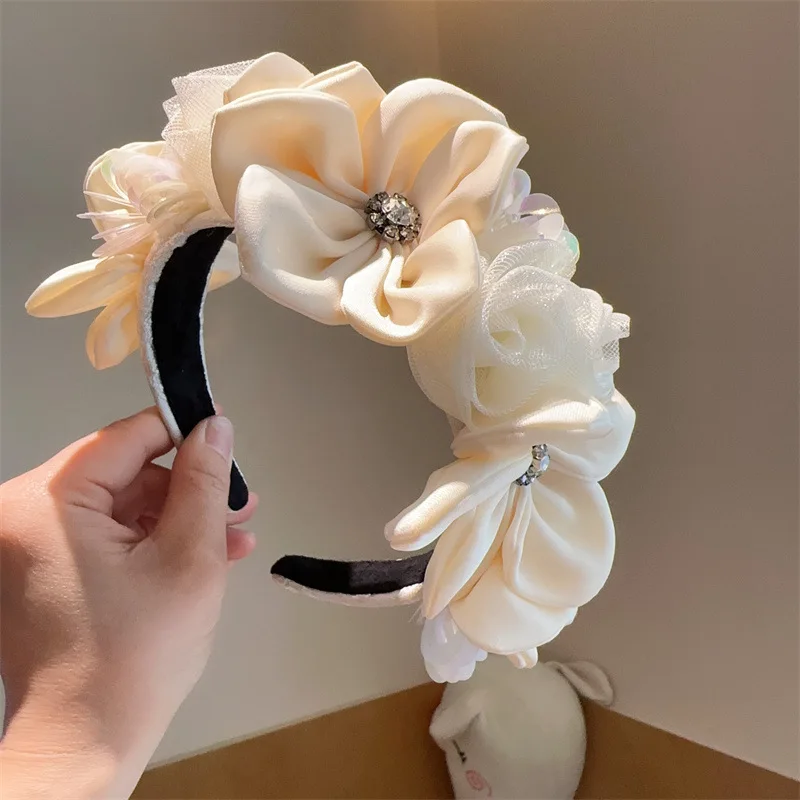 New Solid Color Simulation Garland Bridal Mesh Headband Girls Curled Flower Core Flower Headband Performance Hair Accessories