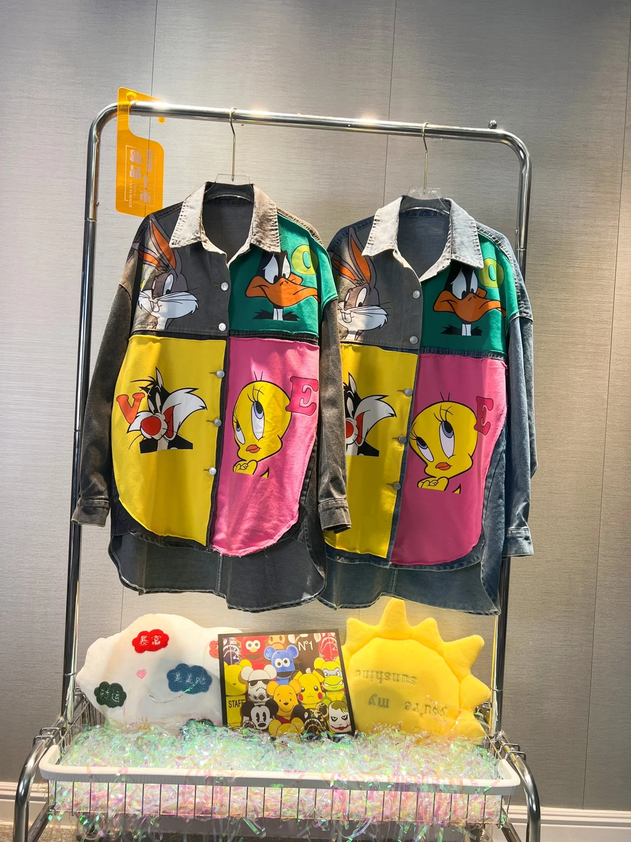 Trendy Brand Autumn Women Long Sleeve Blouses Cute Cartoon Printed Colorblock Denim Shirts Mid-long Casual Loose Jean Coats