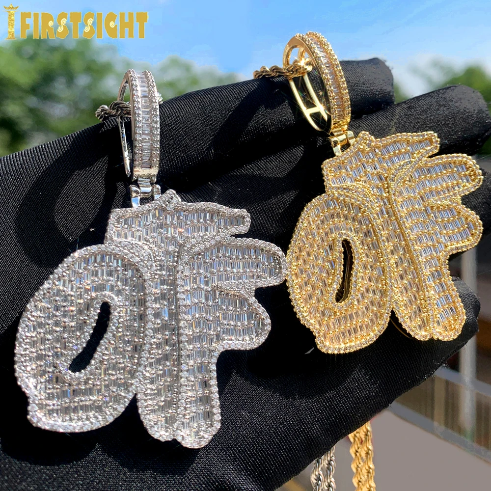 New Letters OTF Pendant Necklace Iced Out Bling Rectangle CZ Cubic Zirconia Gold Color Charms Men Women Hip Hop Jewelry