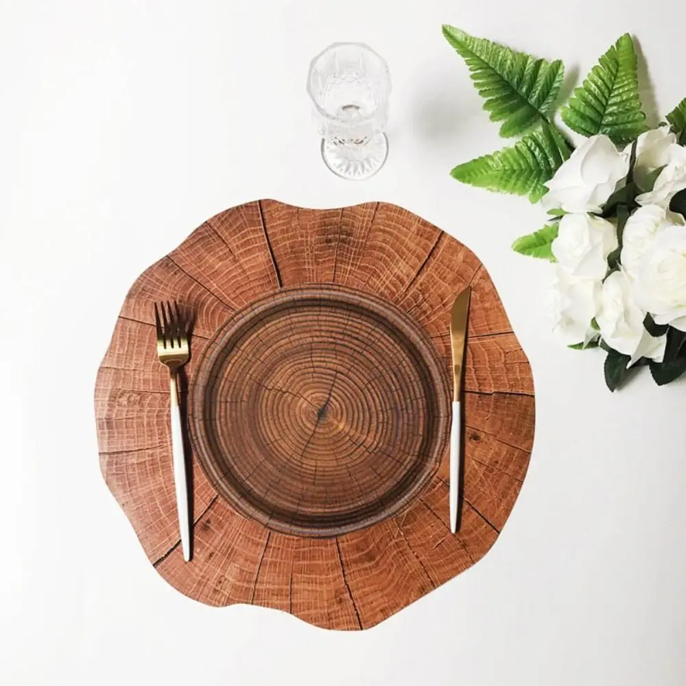 10pcs Unique 7/9 Inch Imitation Wood Grain Disposable Plate Round Realistic Disposable Dish Vintage Paper Food Tray Picnic