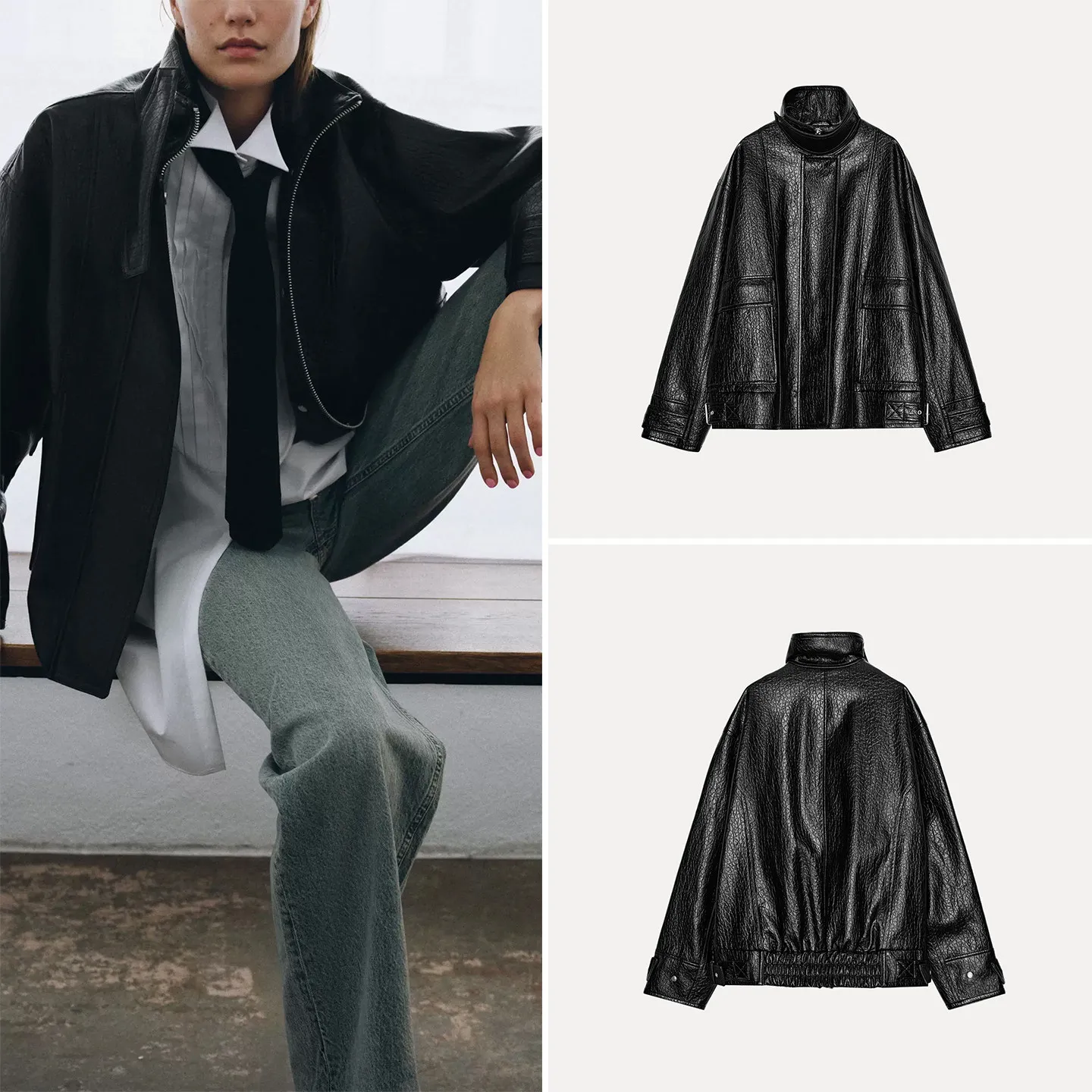Loose Leather Effect Outerwear for Women Summer 2026 Fashion Versatile Casual Long Sleeve Zipper Closure Regular Length