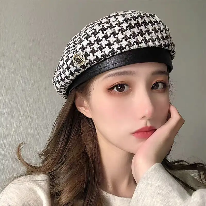 

2026 Women's Hat Beret 2025 New Fashion All-match Houndstooth Female British Retro Octagonal Hat Painter Hat Autumn Women's Kepi