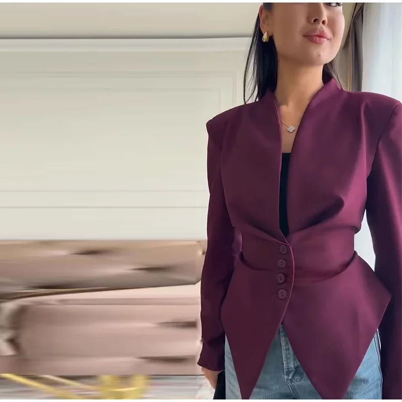 

Casual Women's Blazer Coat Solid V Neck Single Breasted Long Sleeve Jacket Waist Cinched Lace Up Outerwear 2026 NEW Lady Coats