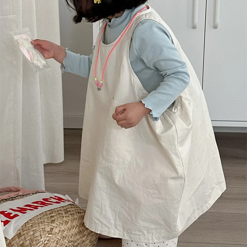 Girls' Pocket Stacked Vest Skirt Spring and Autumn New Product Children's Wear Simple Solid Color Dress for Children