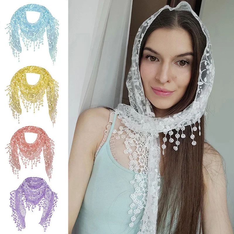 

Floral Lace Triangle Scarf Tassel Shawl Female Classic Casual Transparent Breathable Scarves Sunscreen Elegant Ladies Headscarf