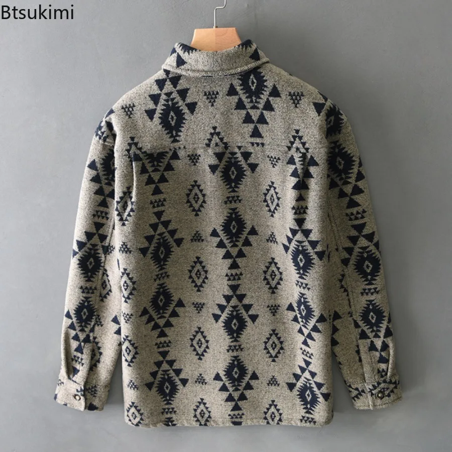2025 Autumn and Winter Men's Streetwear Loose Tops Ethnic Style Vintage Jacquard Woolen Shirt Casual Thicken Long Sleeve Shirts