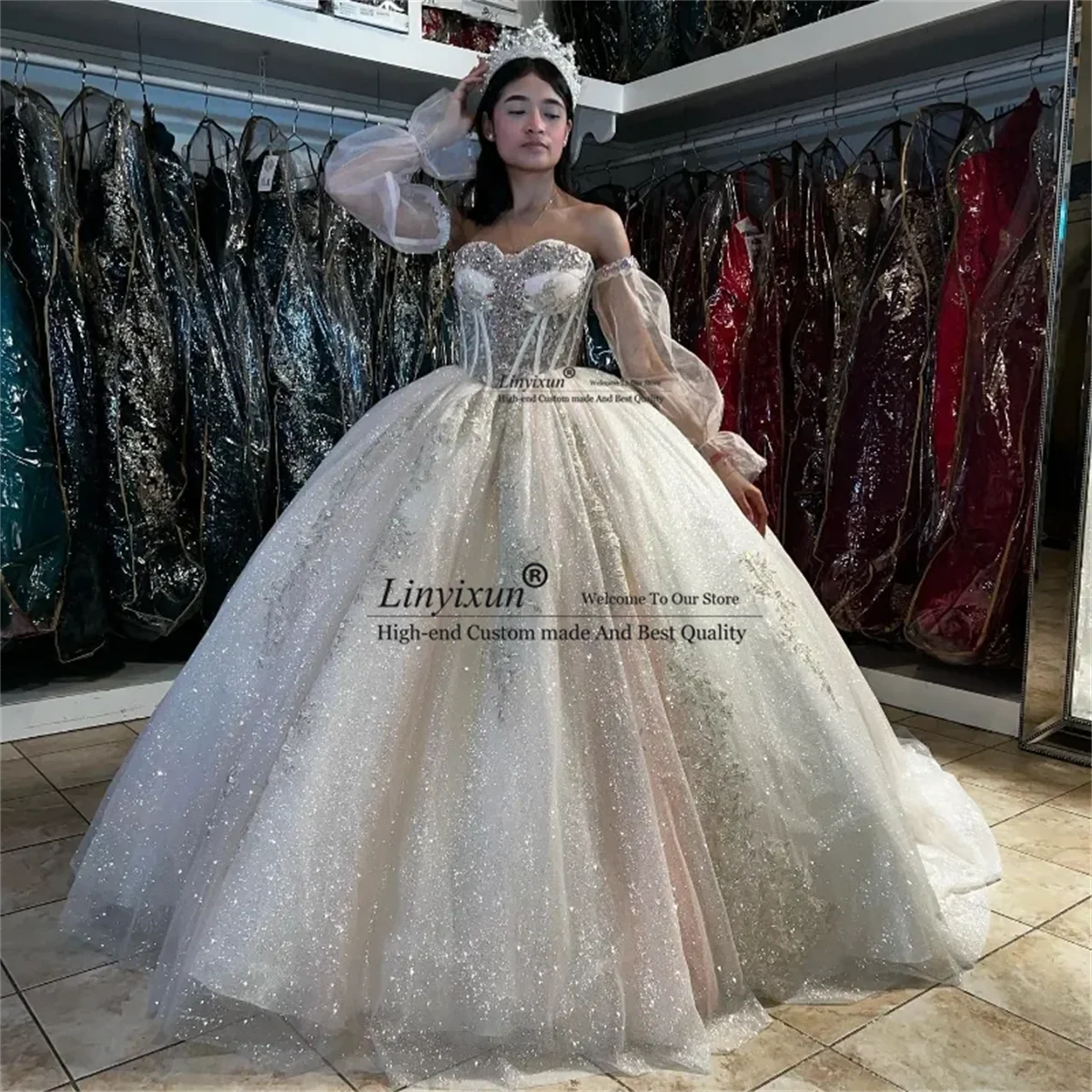 Vestido De quinceañera De princesa champán, apliques sin hombros, perlas, cuentas De cristales, México dulce 16, 15 Años