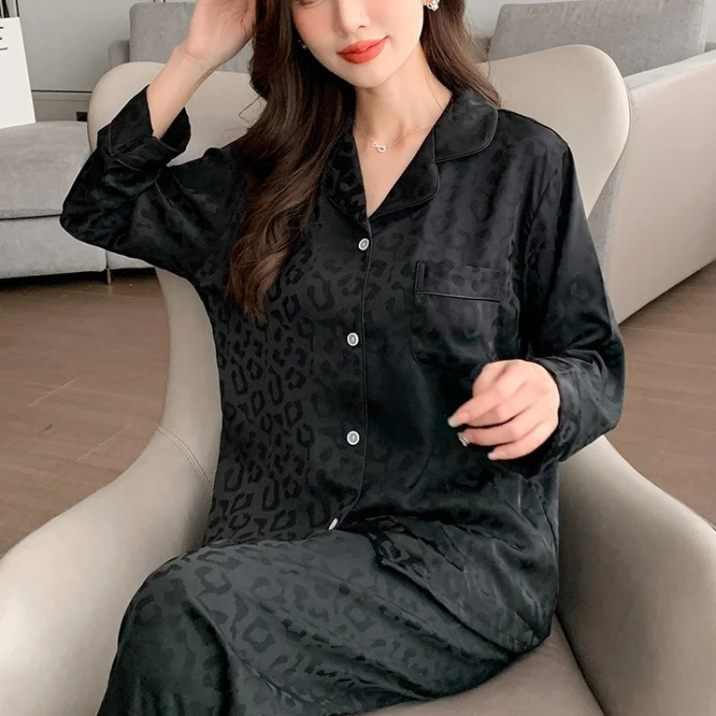

Женские пижамы весна-осень больших размеров в корейском стиле, сексуальный леопардовый принт, длинные рукава и длинные брюки, домашний комплект