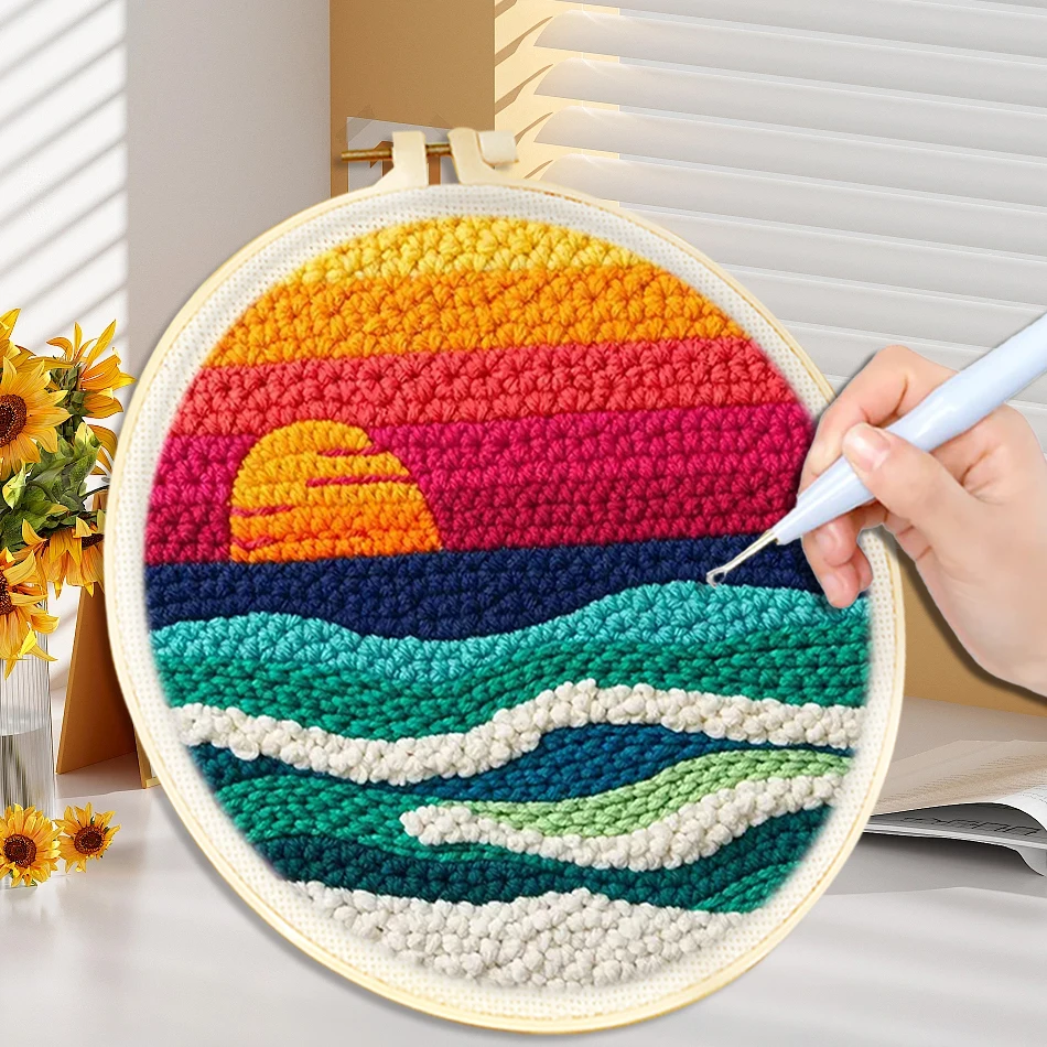 

CHENISTORY Diy Punch Needle Embroidery Kits For Beginner Beach Landscape Poking Embroidery Yarn Painting Arts Home Decor Gift