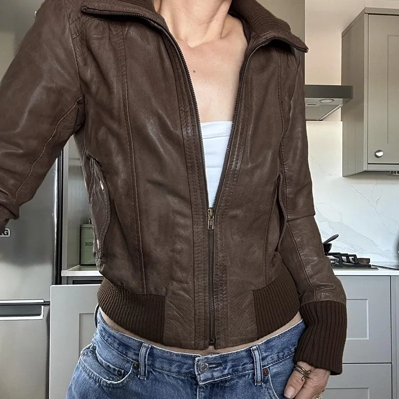 Vintage Brown PU Leather Jackets Women\'s Zipper  Leather Jacket Women Coat Outerwears Women\'s Winter Jacket