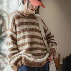 Maden Oversize Striped Sweater for Women Autumn and Winter Loop Fleece Pullover Knitwear Warm Top Loose-fit Thick Sweater