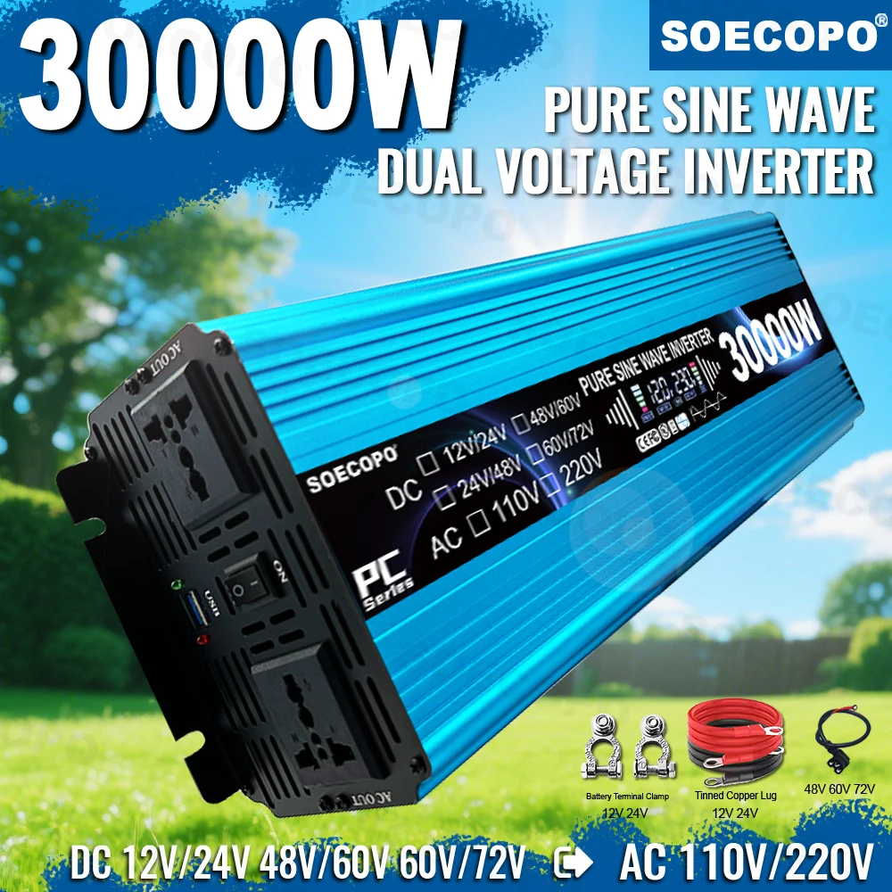 

Pure Sine Wave Inverter 30000W Camping Dual Voltage Solar Inverter DC 12/24/48/60/72V To AC 110/220V Current Inverter RV & Home
