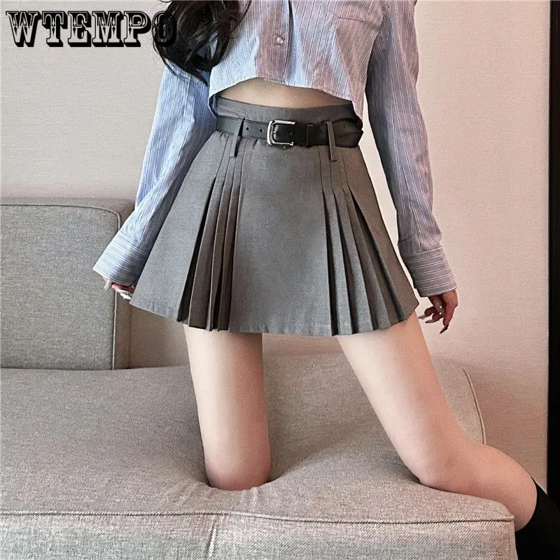 

High Waisted Gray Skirt Sweet Preppy Style Women Pleated Skirt Built in Shorts Gift Belt Slim Pure Desire New Fashion Wholesale