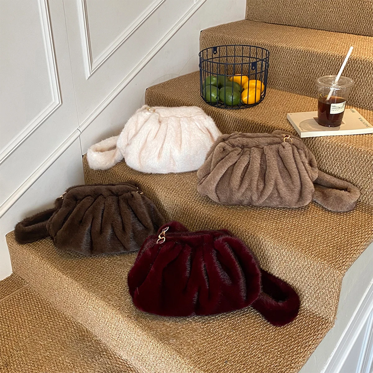 

Ladies Casual CrossbodyBag Soft Furry Surface Crinkle Detailing Spacious Interior Removable Shoulder Strap Versatile Commute Bag