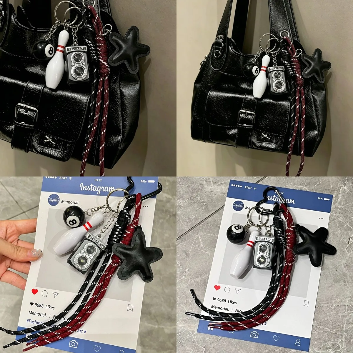 Vintage Bowling Ball Camera Charm Pendant – Leather Star-Woven Keychain for Bags, Backpacks, Purse Accessories