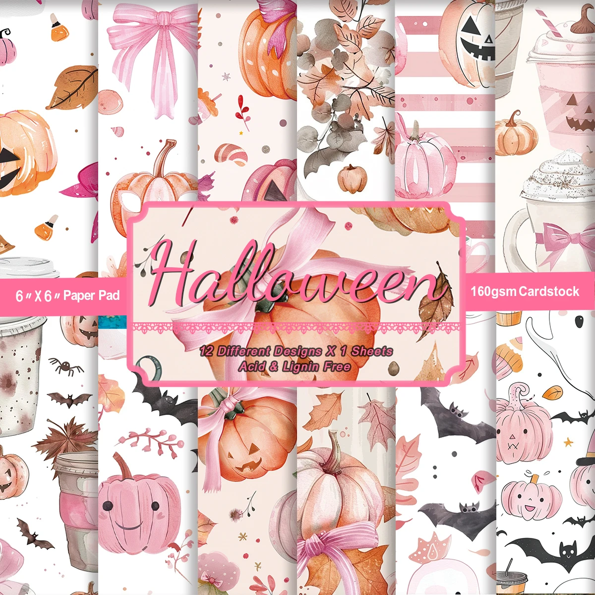 12 Uds. De papel rosa para álbum de recortes de Halloween para manualidades, diario, álbumes de recortes y actividades de clase de fiesta, decoración, invitación, envoltura de regalos