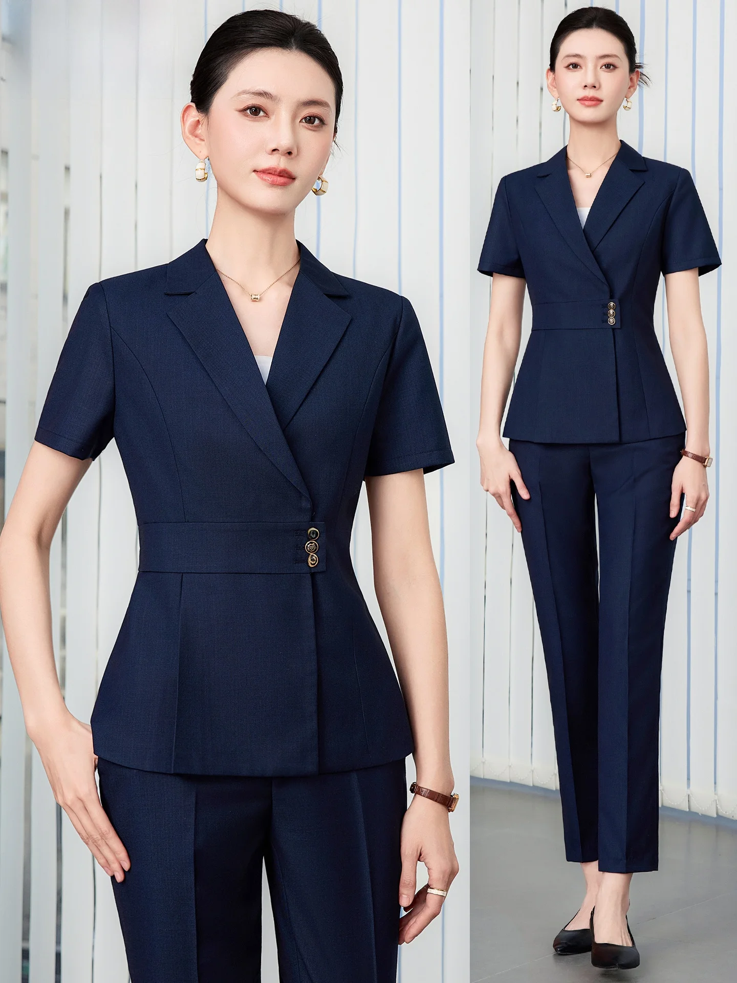 Deep Grey Thin Suit Set for Women Summer Commute Workwear Hotel Front Desk Jewelry Store Casual Business Style Polyester Fiber