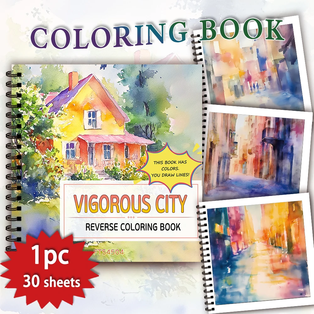 1pc Watercolor City Reverse Coloring Book,30 Thick Pages 100gsm,Creative Lines Activity,Perfect Gift for Family Friend Colleague