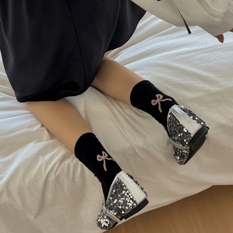 Women Sweet Bowknot Patterned Calf Socks Student Girls Casual Simple Trendy Solid Crew Socks Spring Autumn Middle Tube Socks