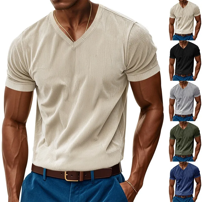 Summer Clothes Short Sleeve T Shirt Casual Solid Color T Shirts Men's Loose Fit V Neck Tee Beige Olive Green Navy Blue T-Shirt