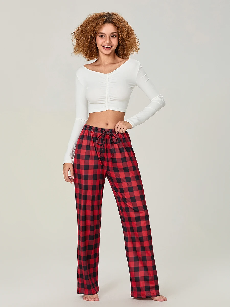 Nova moda feminina calças de pijama de natal clássico búfalo xadrez impressão cintura elástica solta calças de sono venda quente S-2XL