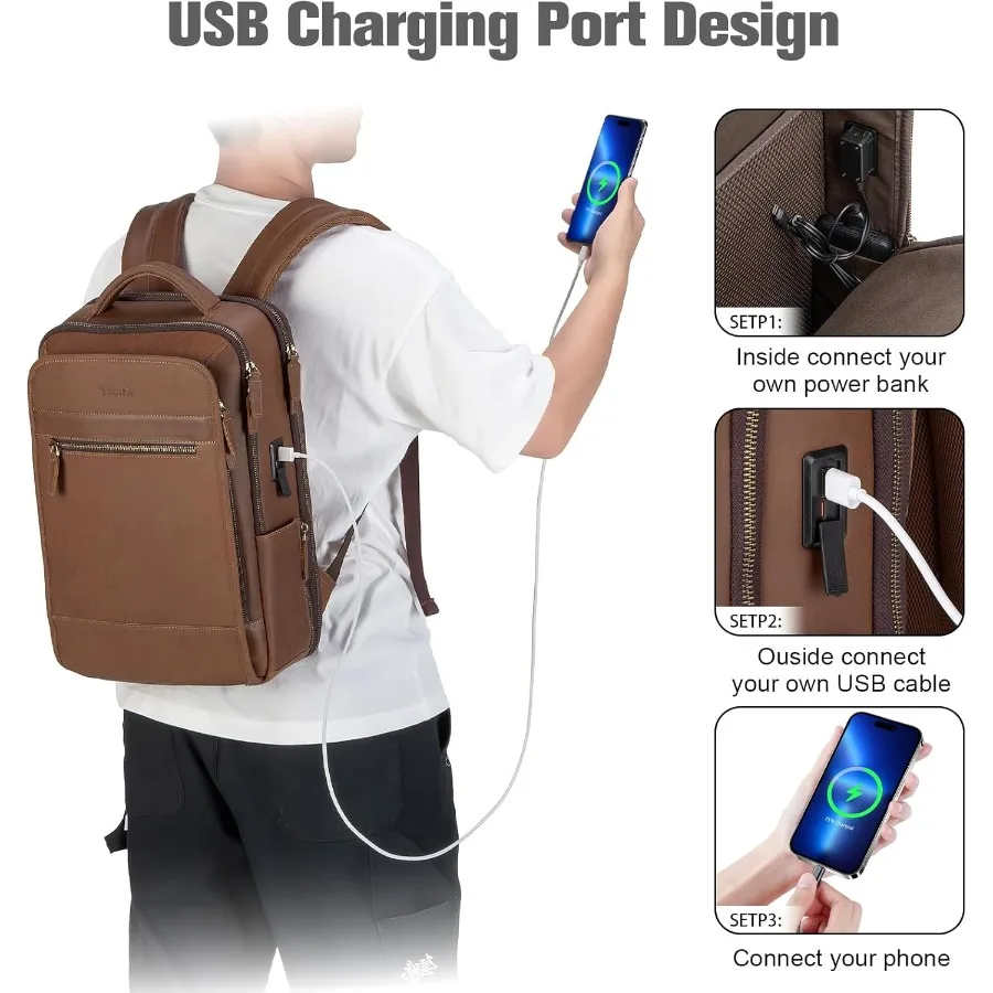 حقيبة ظهر للكمبيوتر المحمول من الجلد من Tzowla للرجال والنساء حقيبة ظهر للعمل والسفر تناسب حقيبة الكمبيوتر المحمول مقاس 15.6 بوصة مع USB و T #3