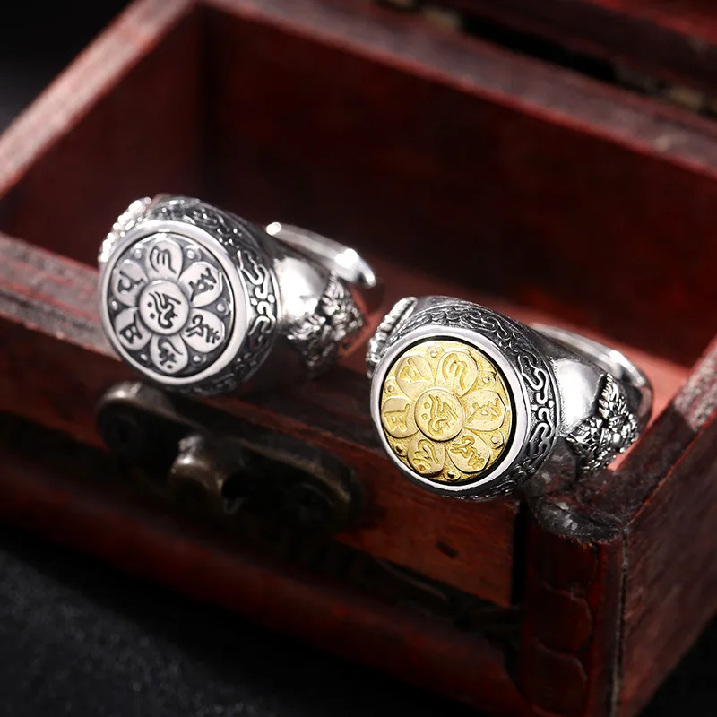 Wholesale s925 sterling silver rotatable six-character mantra ring men's index finger ring open mouth Thai silver retro ornament