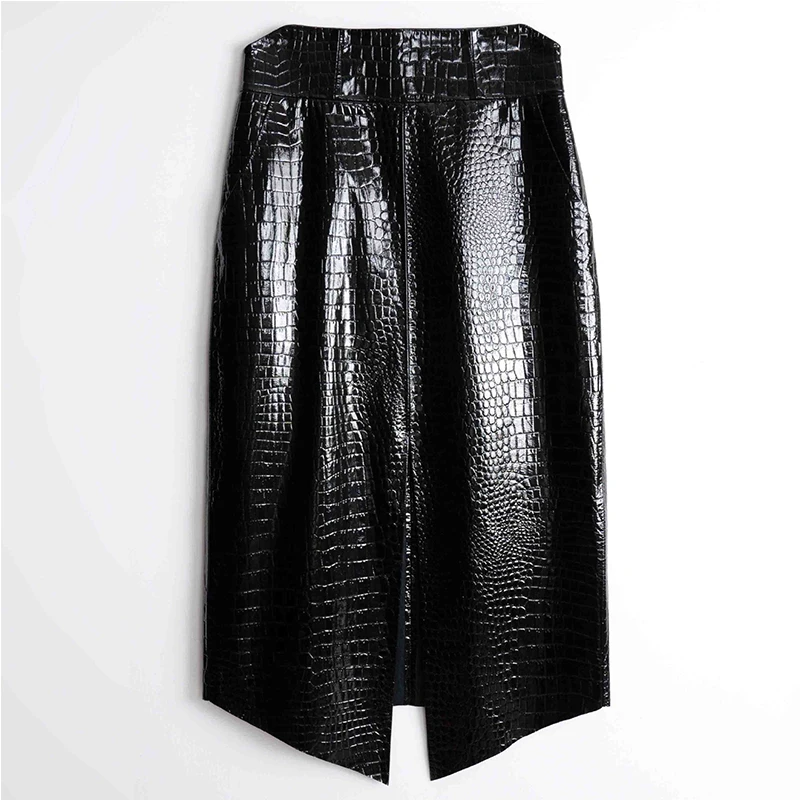 

Lady Luxury Real Leather Skirt Crocodile Pattern Women's High Waist MidI Length Spring And Autumn Sheepskin Step Wrap Hip Skirt