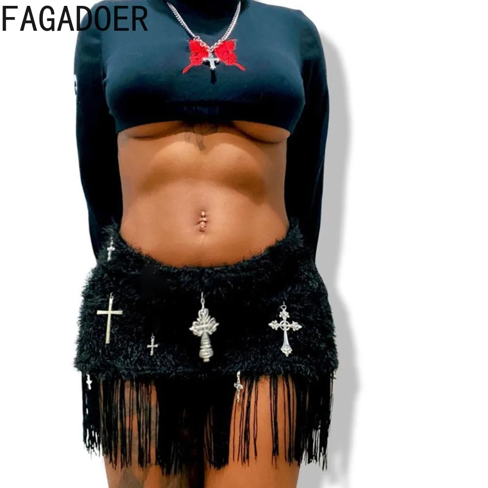 FAGADOER Autumn Fashion Fur Printing Tassels Mini Skirts Black Women High Waist Skinny Skirts Y2K Female Party Nightclub Clothes