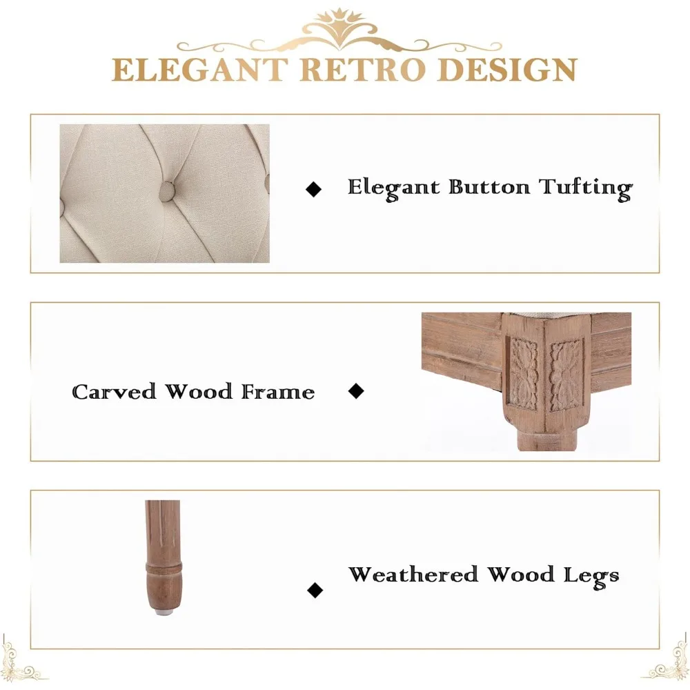 مقعد غرفة نوم منجد معنقدة عتيقة، 47 مقعد لتناول الطعام على الطراز الفرنسي مع وسادة، قماش كتان، نهاية مقاعد السرير O #6