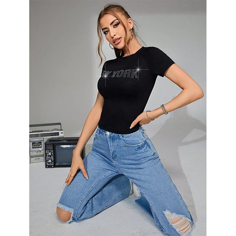 Bold Shade Rhinestone New York Y2k Casual T-shirts Punk O-neck Bodycon Women Black Crop Tops Short Sleeve Summer Streetwear Tee