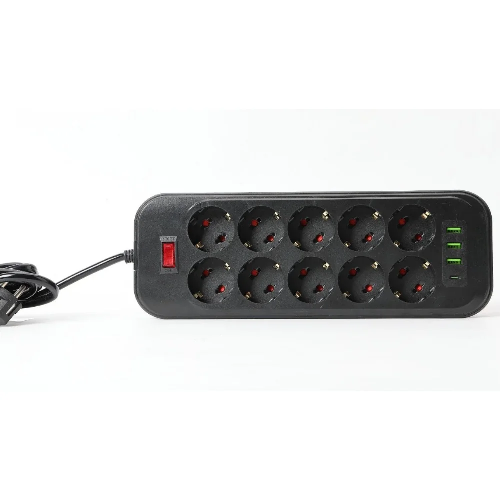 

Surge Protector EU 10-Outlet Strip Built-in USB Ports Surge Protection Overload Protection Compact Design Space-saving Layout