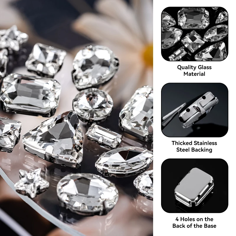 Mehrere Größen und Formen, zum Nähen, klares Kristallglas, silberne Krallenbasis, Strasssteine, DIY, Hochzeitskleid, Kleid, Kopfschmuck, Schmuckperlen, Diamant – Detail 7