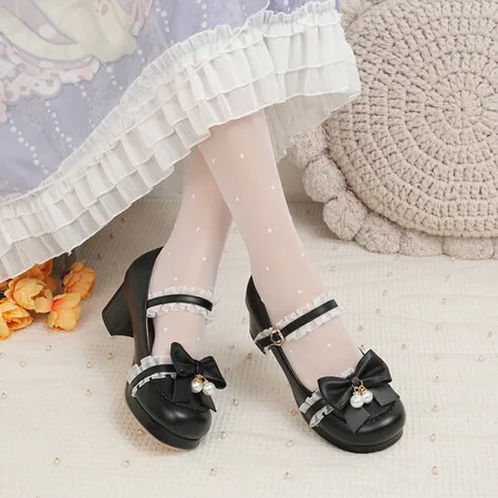 Summer Ladies Platform Cute Bow Lace Princess Mary Jane Sweet Girls Lolita Shoes Party High Heel Buckle Women Pumps 34-43