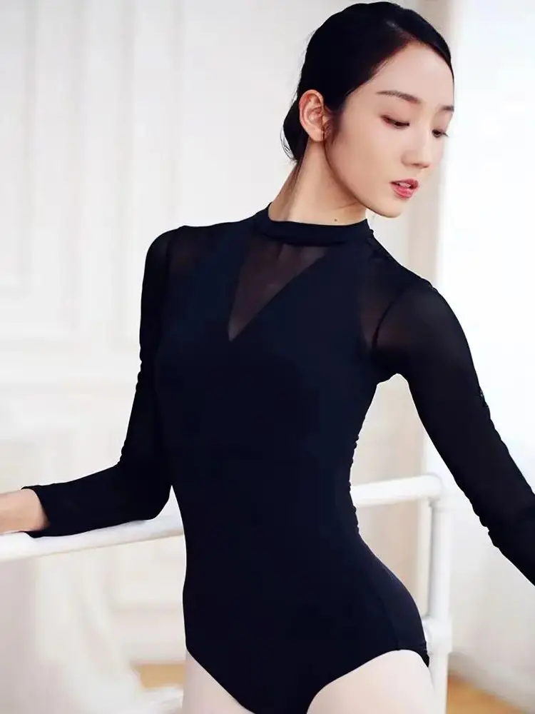 

Women's Long Sleeve Ballet Leotard Dance Costume Mesh Splice Adult Gymnastics Swimsuit Elastic Bodysuit for Fitness And Yoga