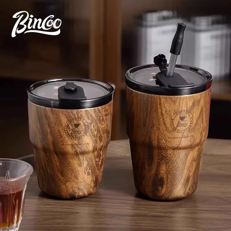 Wood grain coffee cup American men and women accompanying thermal cup retro portable stainless steel water cup