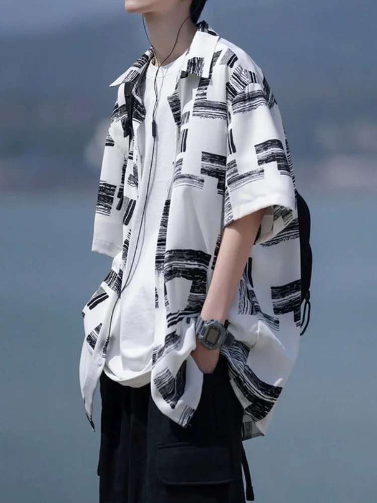 

Летняя мужская рубашка с коротким рукавом в клетку, свободного кроя, из тонкого ледяного шелка, повседневная, больших размеров