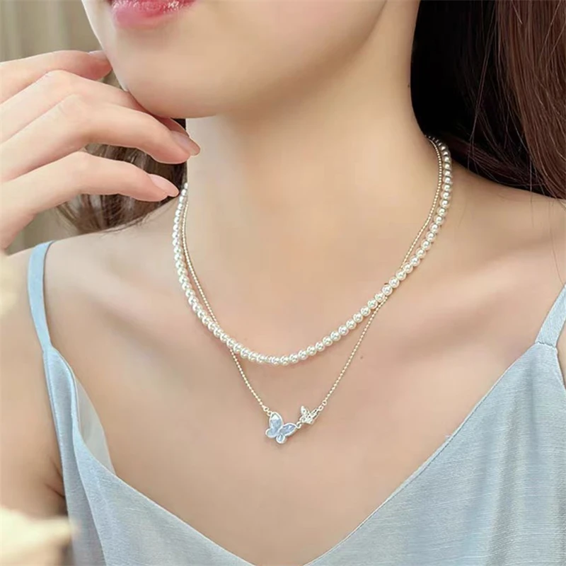 Light Luxury Shiny Zircon Butterfly Bracelet For Women Blue Rhinestone Double Butterfly Necklace Earring Set Party Jewelry