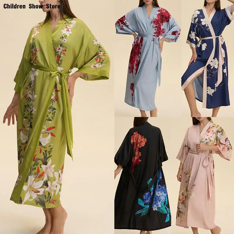 

Халат большого размера, женская одежда для сна с принтом, домашняя одежда из искусственного шелка, осенне-весенние пижамы, кимоно, интимное белье, халат, платье