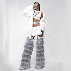 Bar Nightclub Ds Dj Rave Outfit Sexy Gogo Dance Costume Women White Fur Sets Sequins Fringed Legs Cover Stage Wear DWY9681