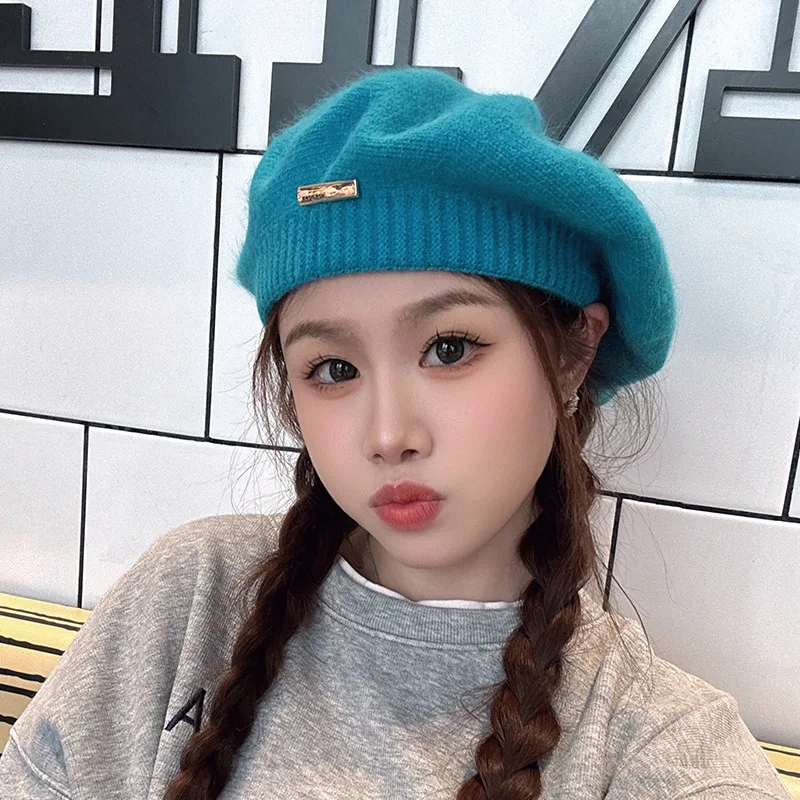 

Autumn Winter Knitted Berets Women Simple Real Rabbit Fur Beret Outdoor Travel Bud Knitted Artist Hat