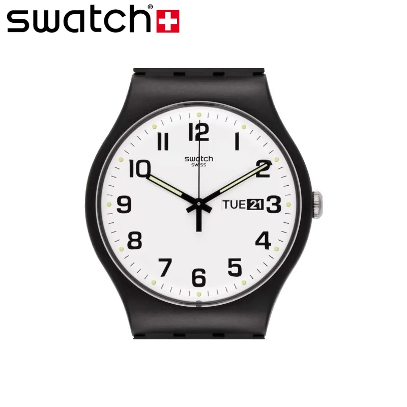 Swatch SO29B703 TWICE AGAIN 41mm White Dial Black Numerals Day Date Silicone Strap Swiss Quartz Watch 3Bar Water Resistant