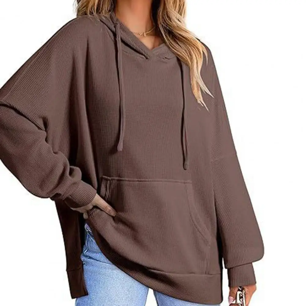 Women Hoodie Waffle Texture Knit Top with Drawstring Hood Slit Hem Loose Sportswear Pullover Clothes