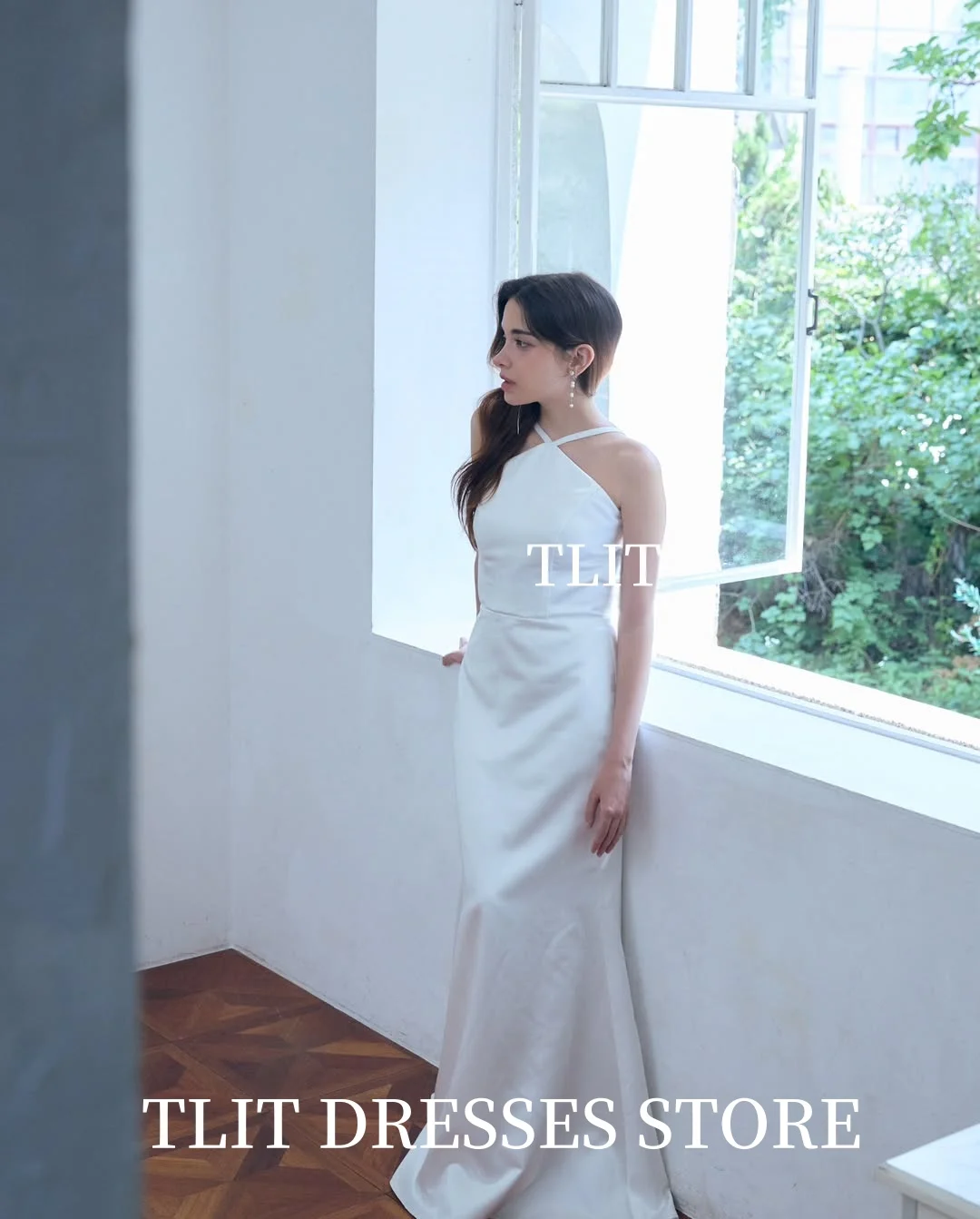 TLIT Simple White Silk Satin Wedding Dresses Halter Mermaid Bridal Gowns Korea Wedding Dresses Photo Shoot Customized 웨딩드레스